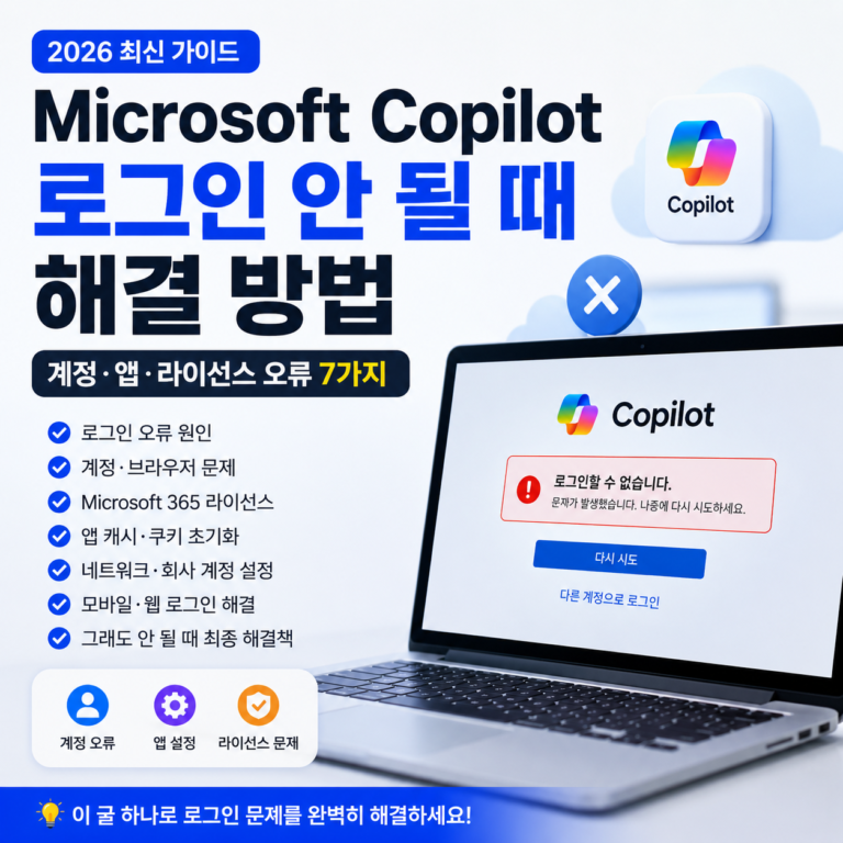 Microsoft Copilot 로그인 안 될 때 해결 방법 | 계정·앱·라이선스 오류 7가지 (2026 최신)