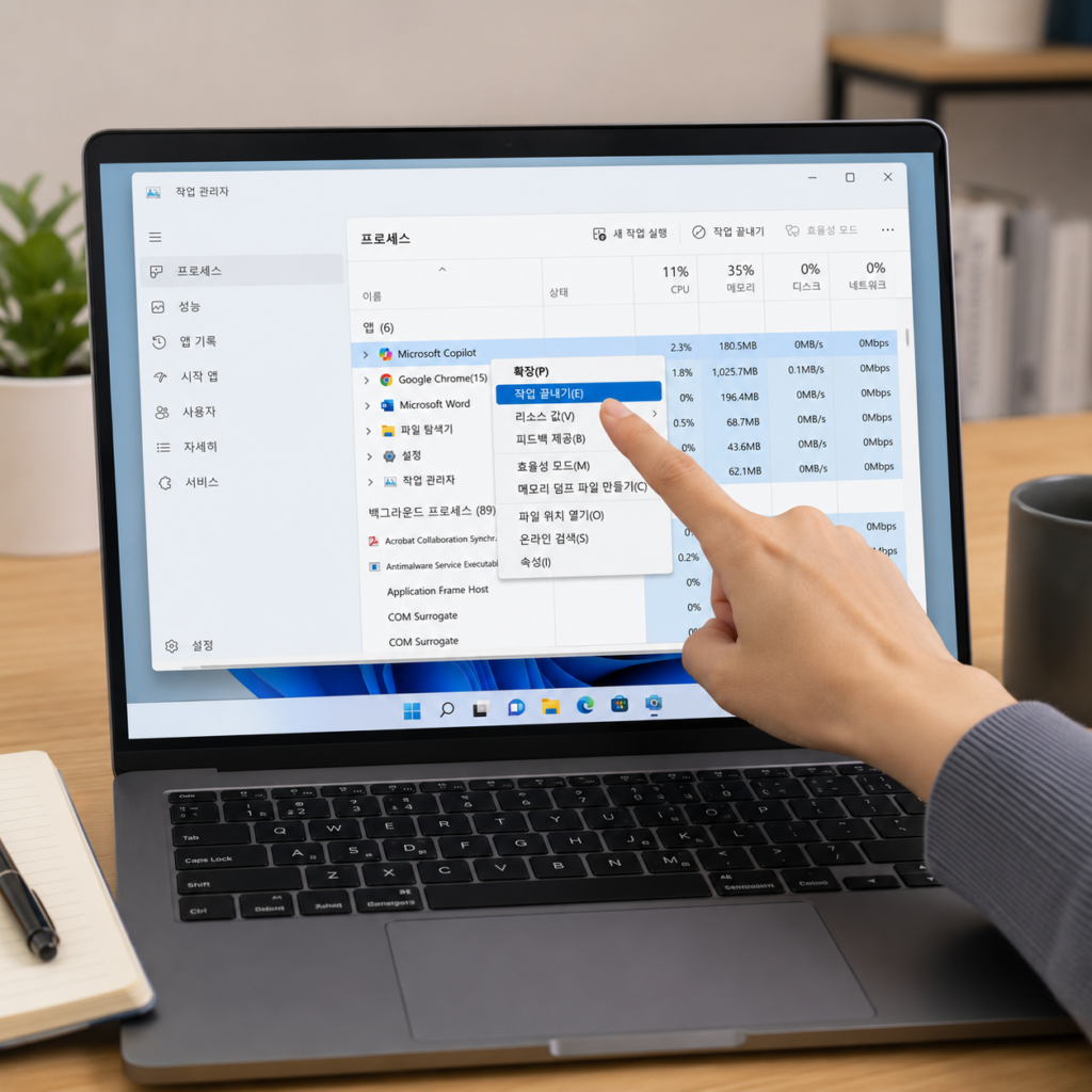 Microsoft Copilot 로그인 안 될 때 앱을 다시 실행하는 화면