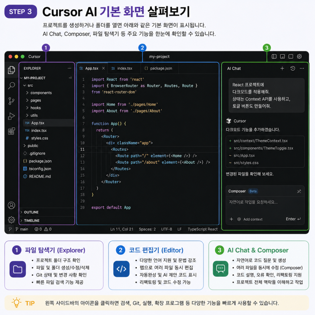 Cursor AI 사용법 기본 화면 및 프로젝트 생성