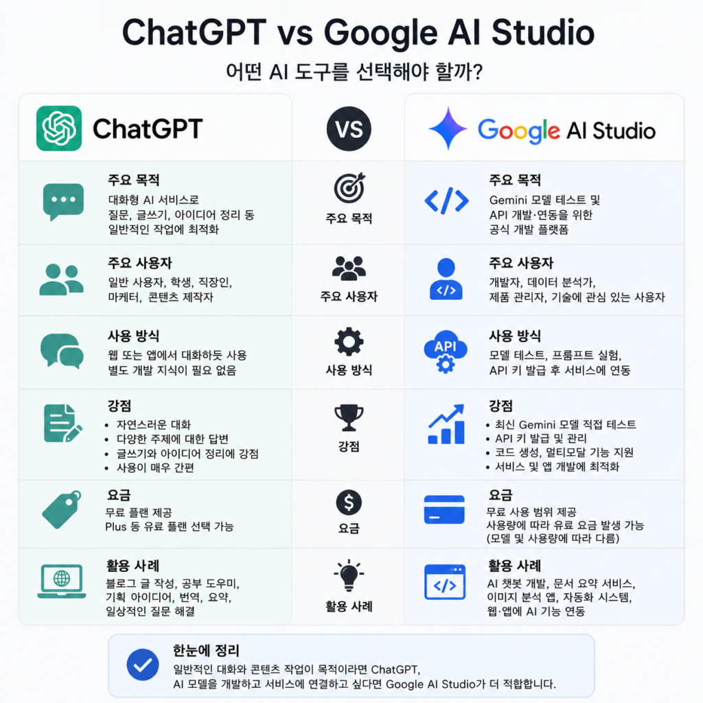 Google AI Studio와 ChatGPT 비교 화면
