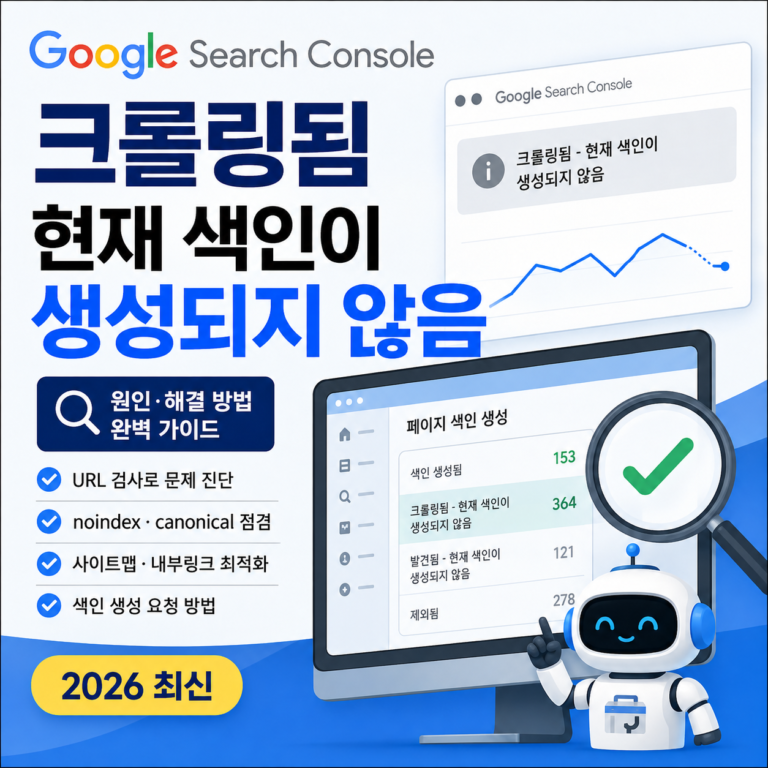 구글 서치콘솔 크롤링됨｜현재 색인이 생성되지 않음 원인·해결 방법 (2026 최신)