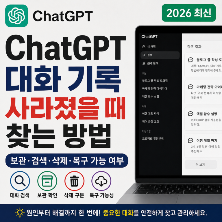 ChatGPT 대화 기록 사라졌을 때 찾는 방법 | 보관·검색·삭제·복구 가능 여부 총정리 (2026 최신)