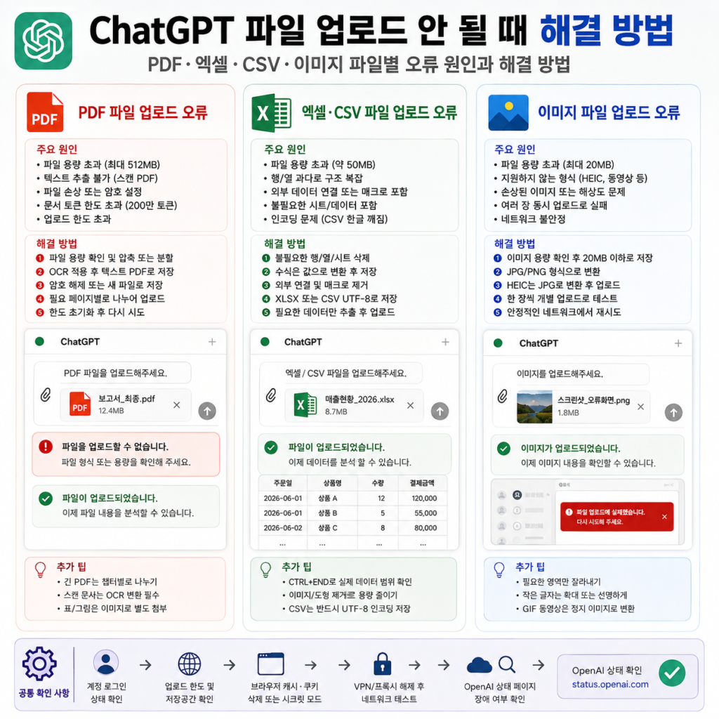 ChatGPT 파일 업로드 안 될 때 해결 방법 PDF 엑셀 CSV 오류 해결 화면