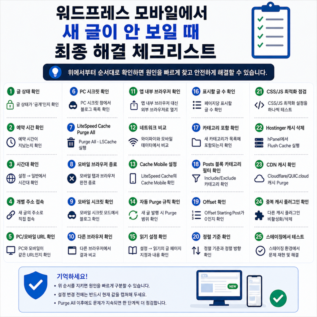 워드프레스 모바일에서 새 글이 안 보일 때 최종 해결 체크리스트