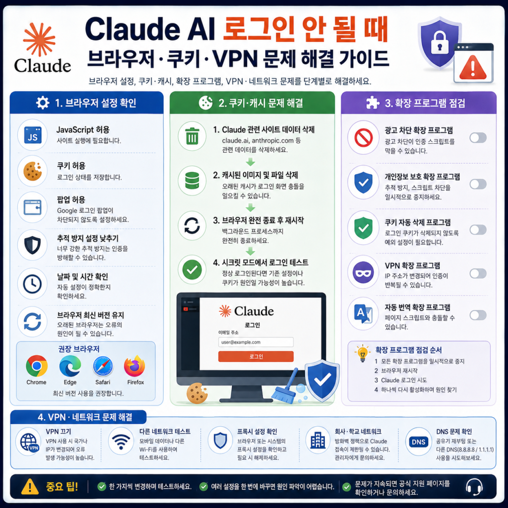Claude AI 로그인 안 될 때 브라우저 쿠키 VPN 문제 해결