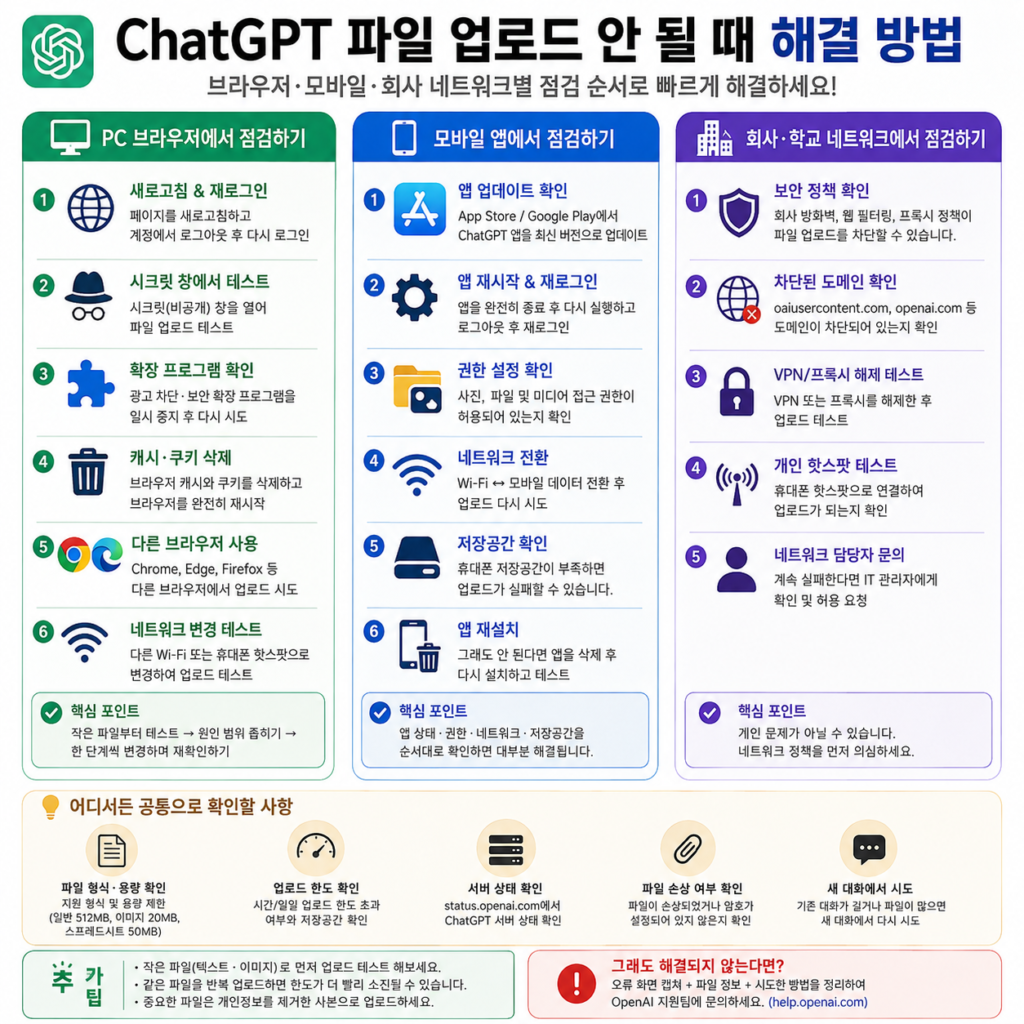 ChatGPT 파일 업로드 안 될 때 해결 방법 브라우저 모바일 네트워크 점검