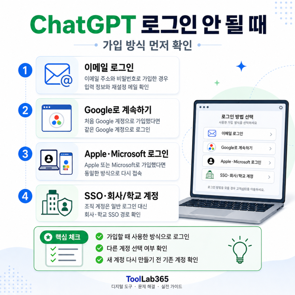 ChatGPT 로그인 안 될 때 Google Microsoft Apple 가입 방식 확인