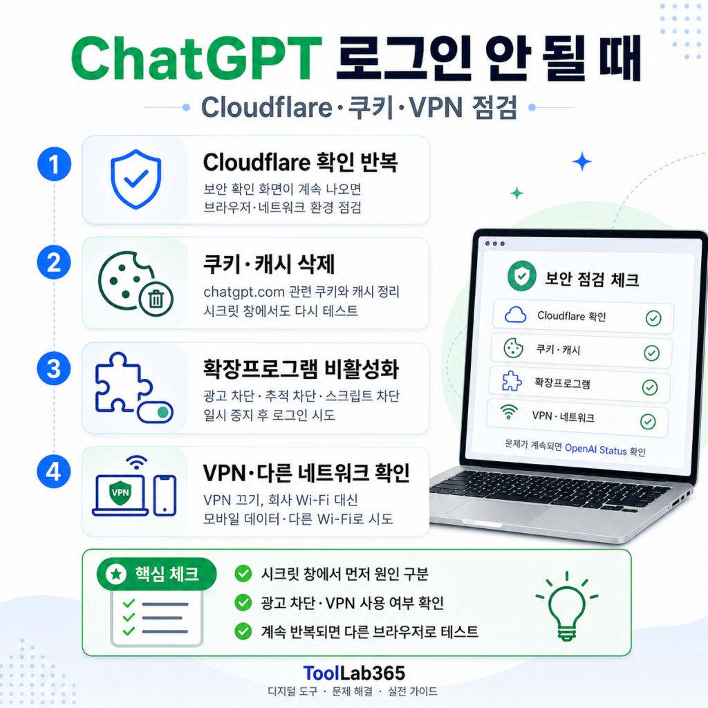 ChatGPT 로그인 안 될 때 Cloudflare 쿠키 VPN 브라우저 점검