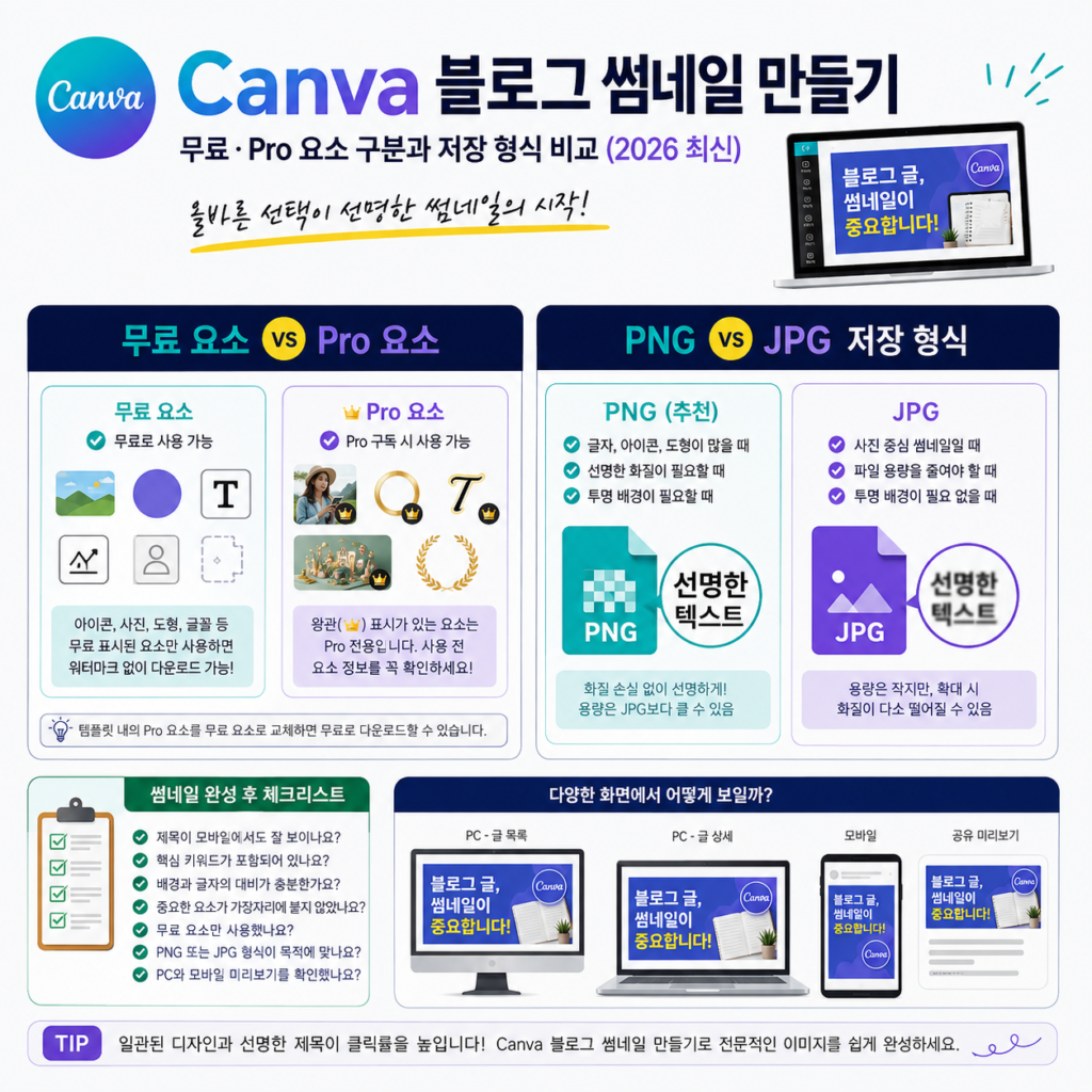 Canva 블로그 썸네일 만들기 무료 요소 Pro 요소와 저장 형식 비교
