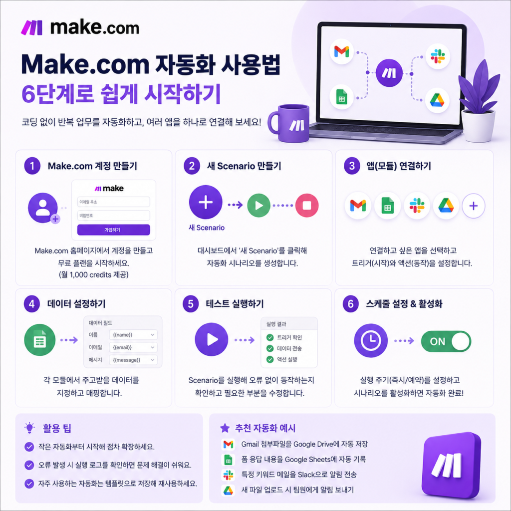 Make.com 자동화 사용법 시나리오 테스트 실행 화면