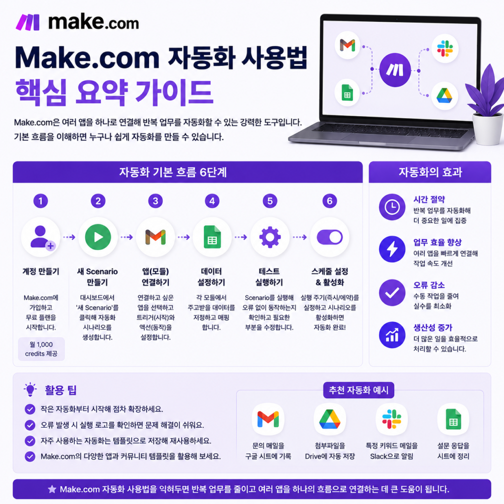 Make.com 자동화 사용법 시나리오 실행 및 오류 확인 화면