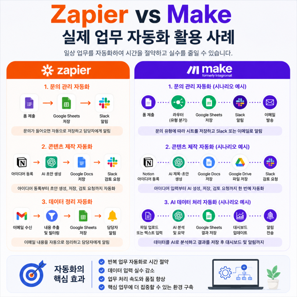 Zapier vs Make 비교 실제 업무 자동화 활용 사례