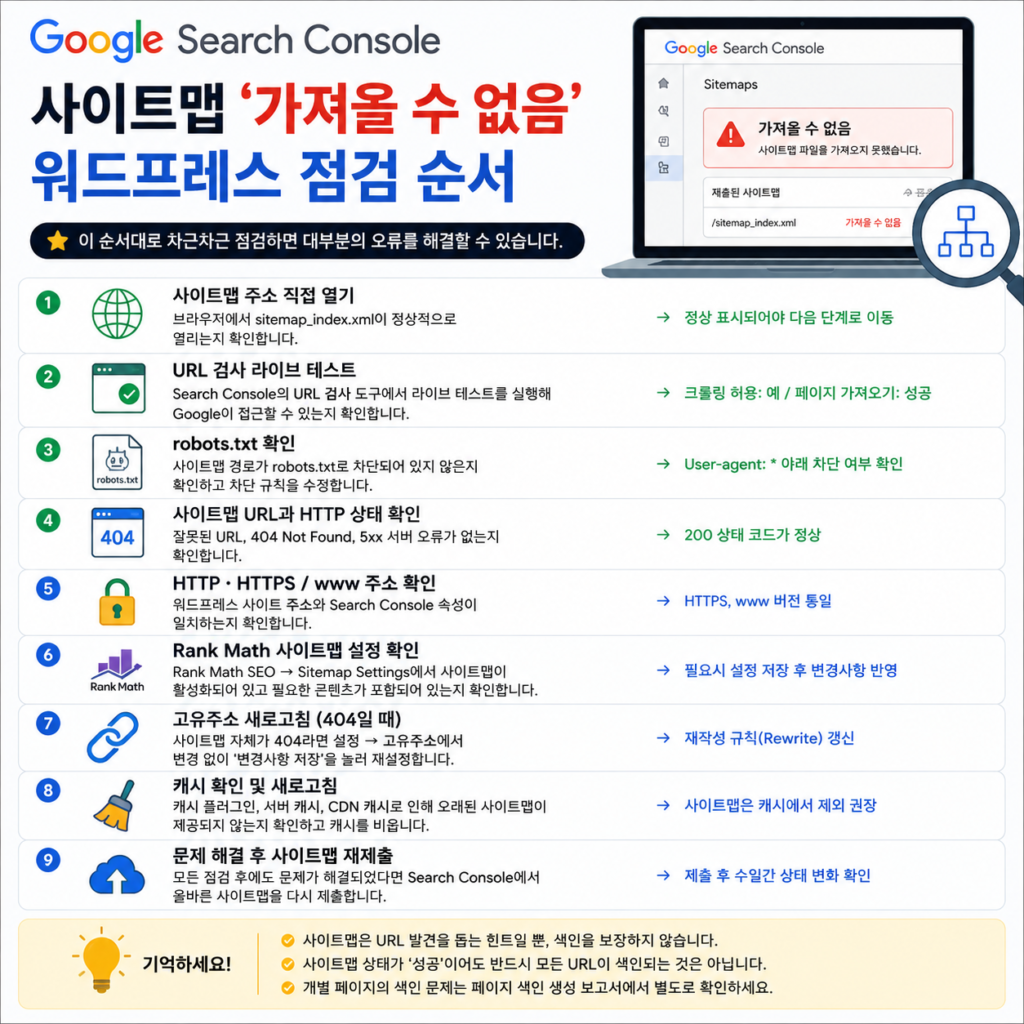 구글 서치콘솔 사이트맵 가져올 수 없음 워드프레스 점검 순서