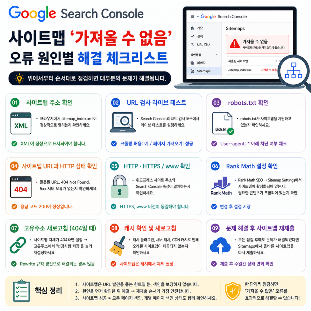 구글 서치콘솔 사이트맵 가져올 수 없음 해결 체크리스트