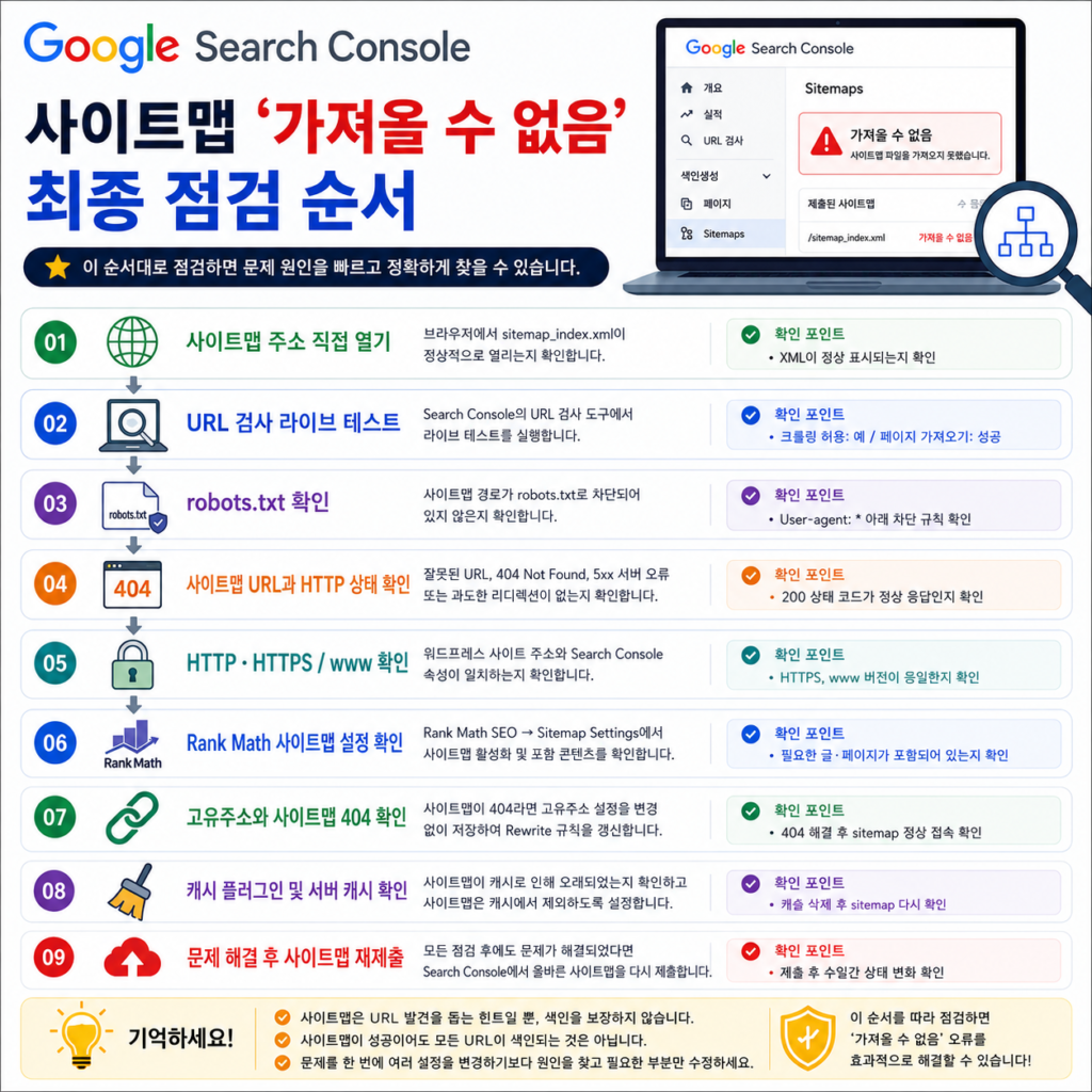 구글 서치콘솔 사이트맵 가져올 수 없음 최종 점검 순서