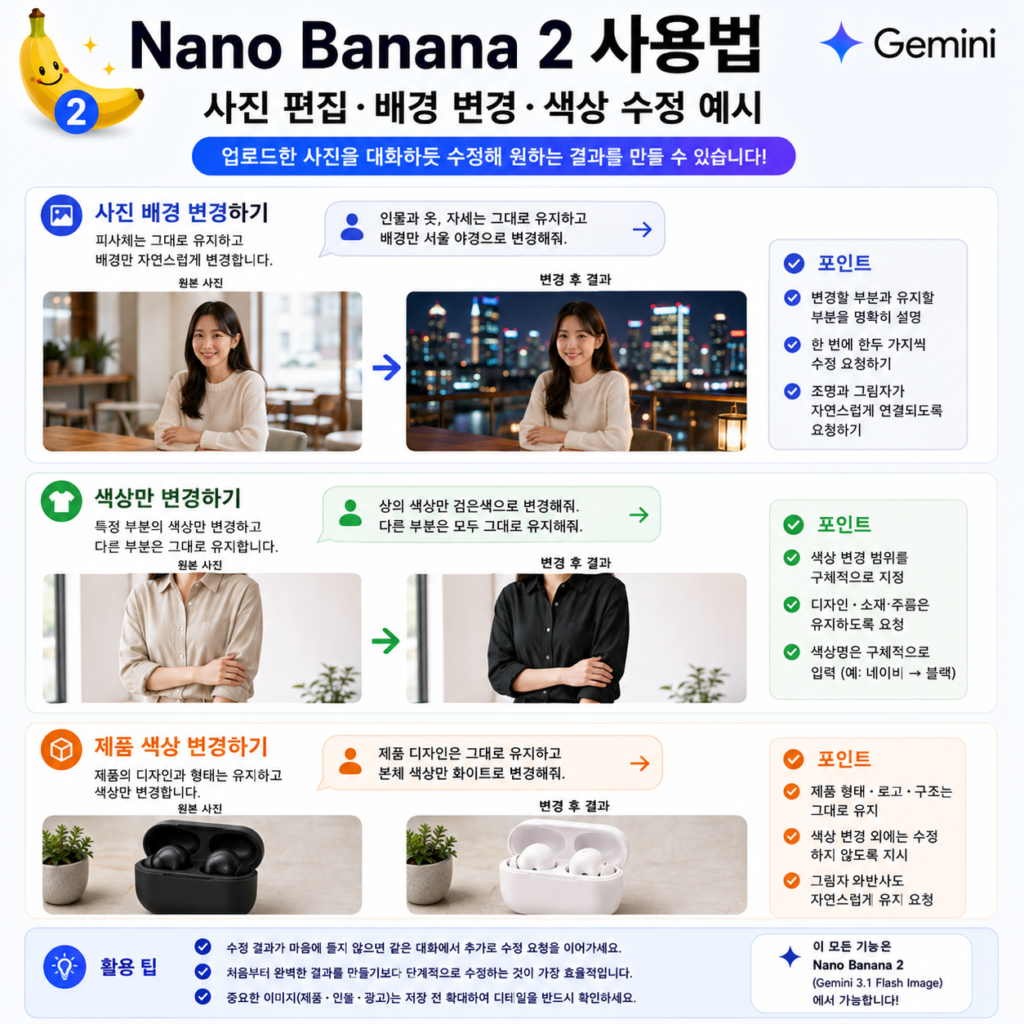 Nano Banana 2 사용법｜배경 변경·옷 색상 수정·제품 편집 프롬프트