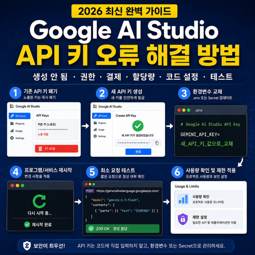 Google AI Studio API 키 오류 해결 방법 새 키 발급 환경변수 테스트