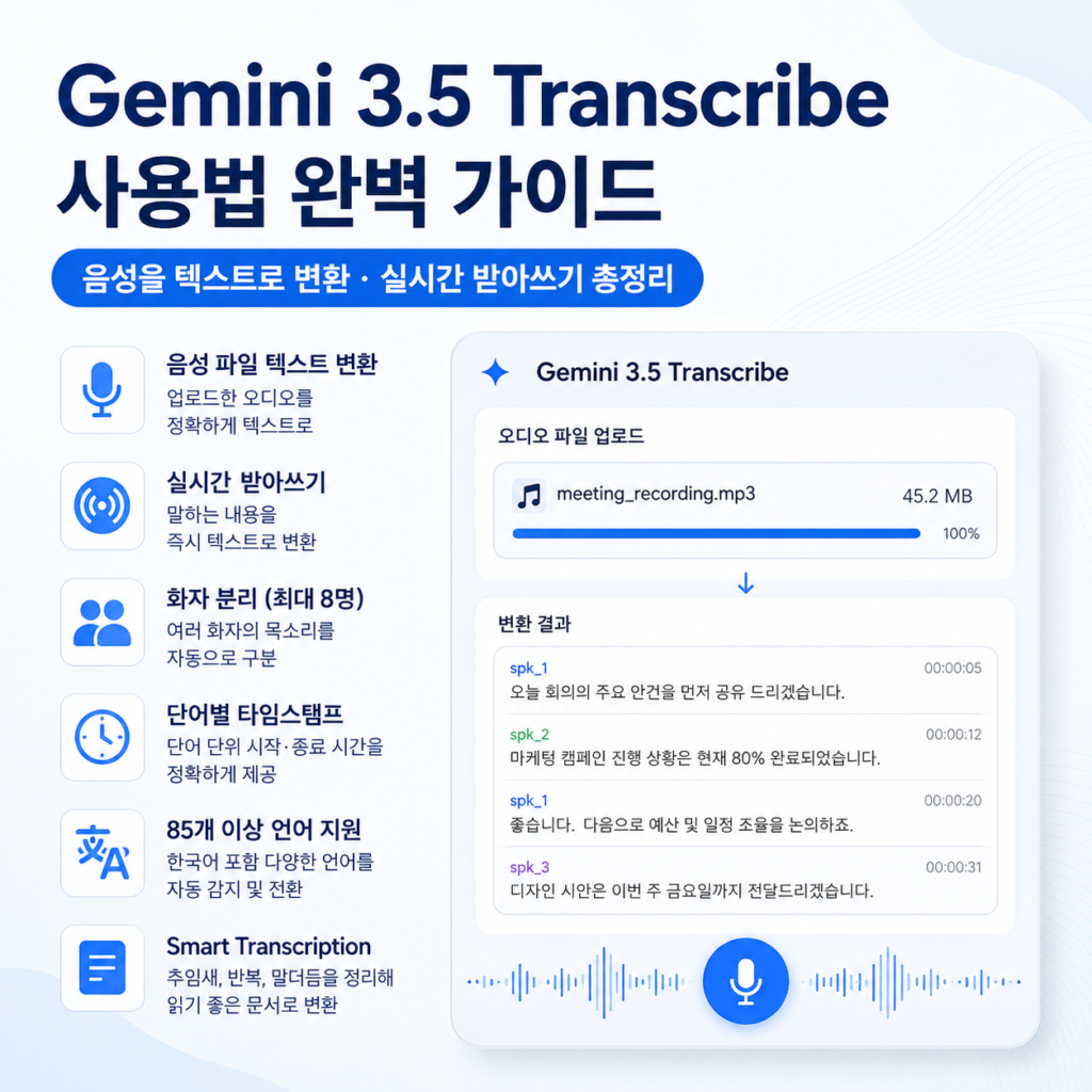 Gemini 3.5 Transcribe 사용법 음성 텍스트 변환 주요 기능