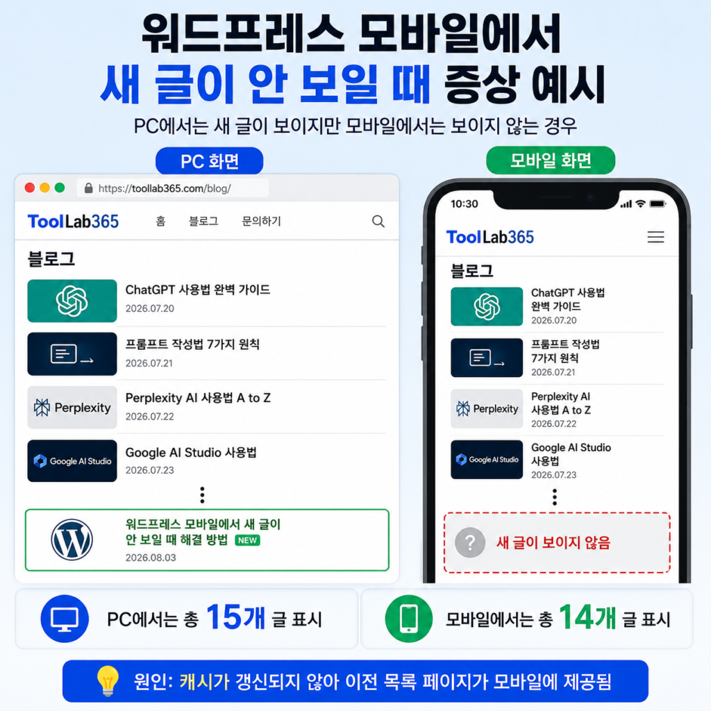 워드프레스 모바일에서 새 글이 안 보일 때 PC 15개와 모바일 14개 비교