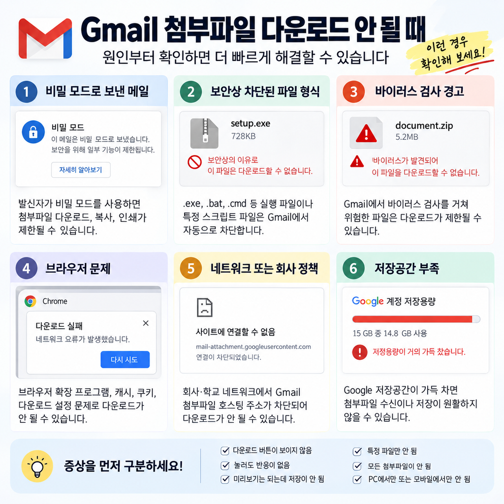 Gmail 첨부파일 다운로드 안 될 때 네트워크 차단 확인 방법
