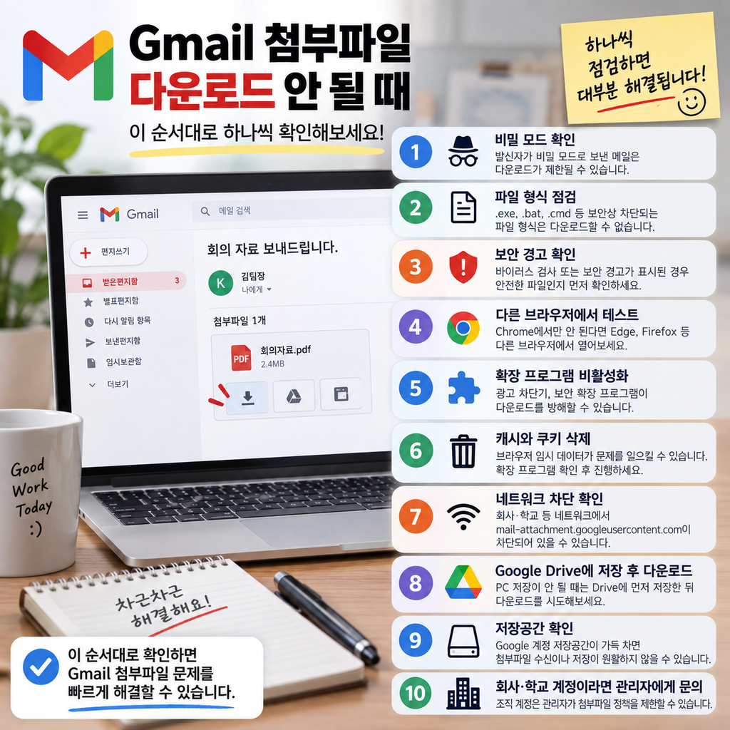 Gmail 첨부파일 다운로드 안 될 때 브라우저 확장 프로그램과 캐시 확인 화면