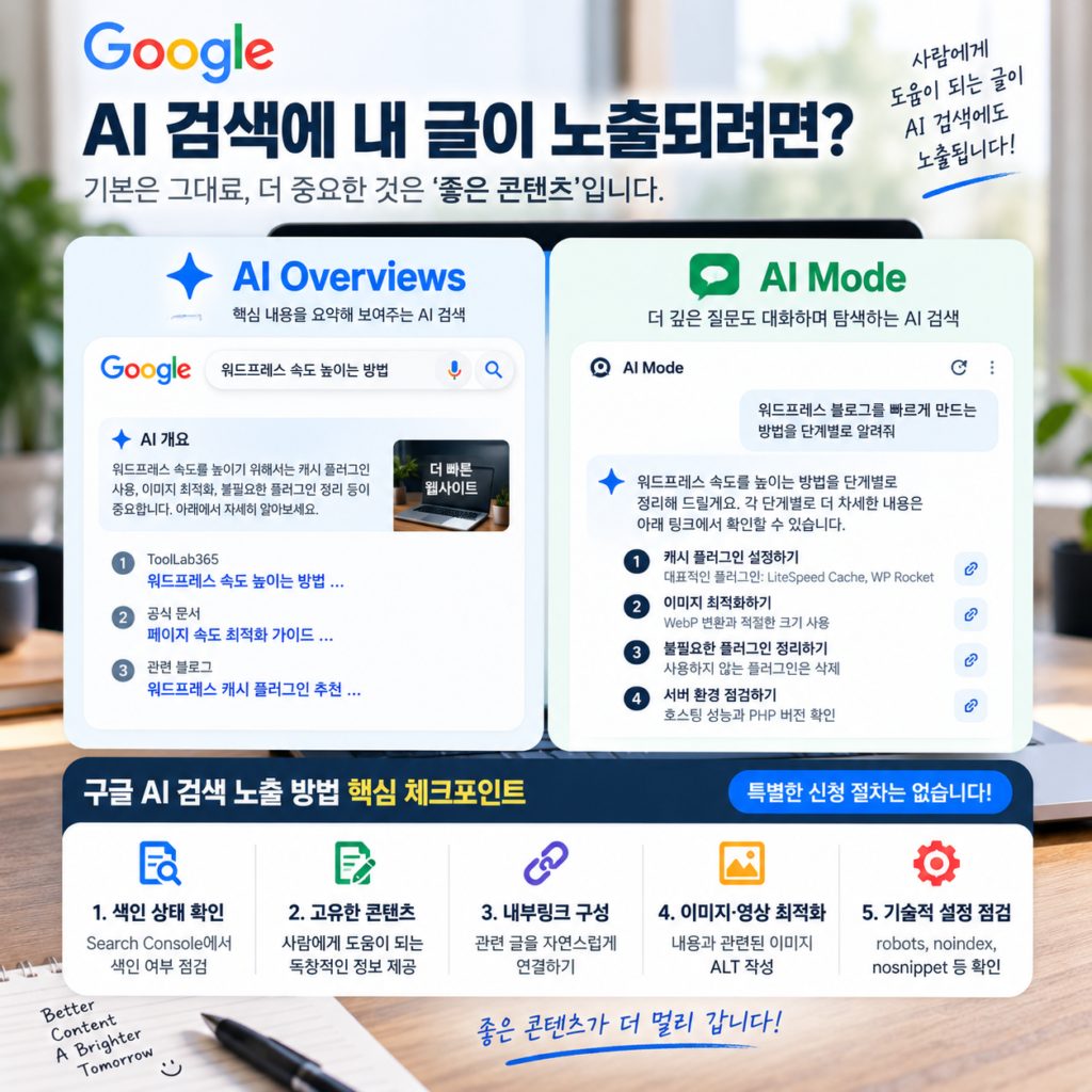 구글 AI 검색 노출 방법 핵심 체크포인트와 AI Overviews·AI Mode 비교