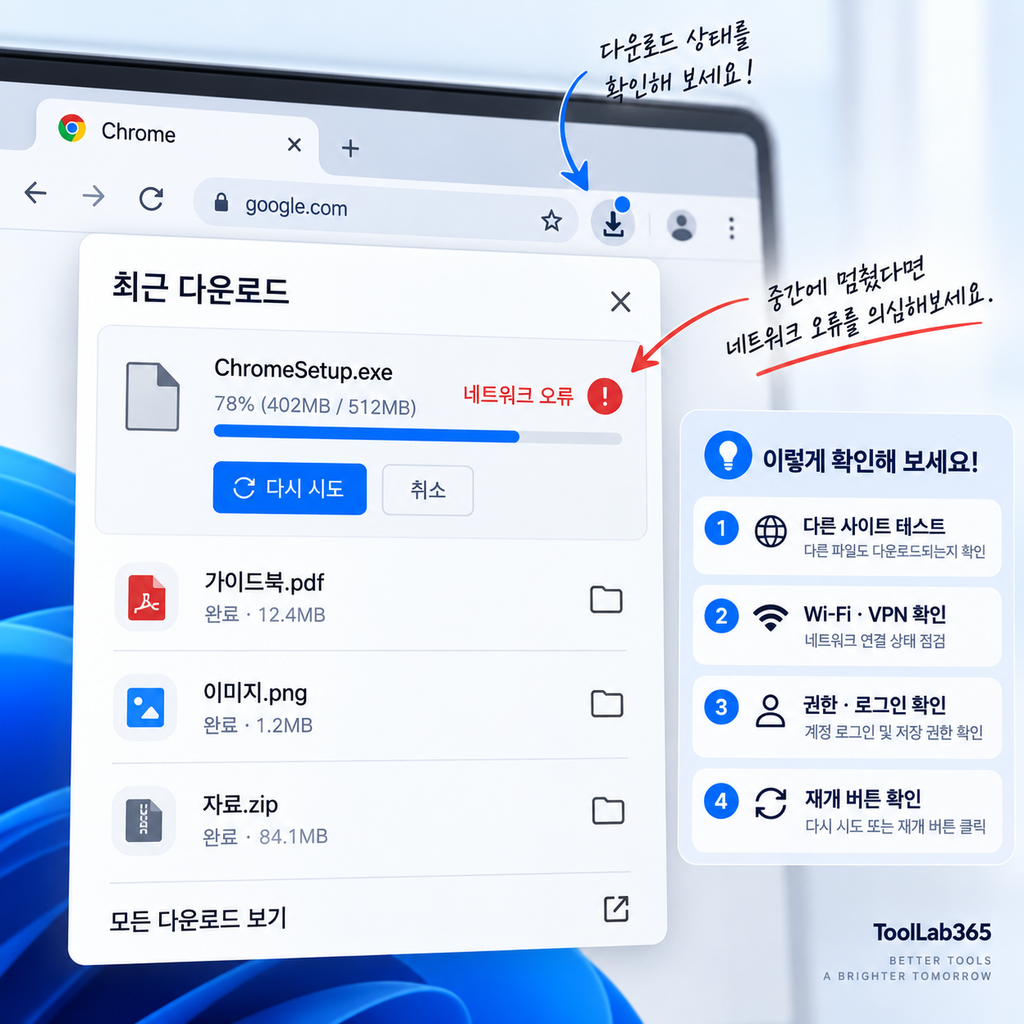 Chrome 다운로드 실패 네트워크 오류 원인 확인 화면