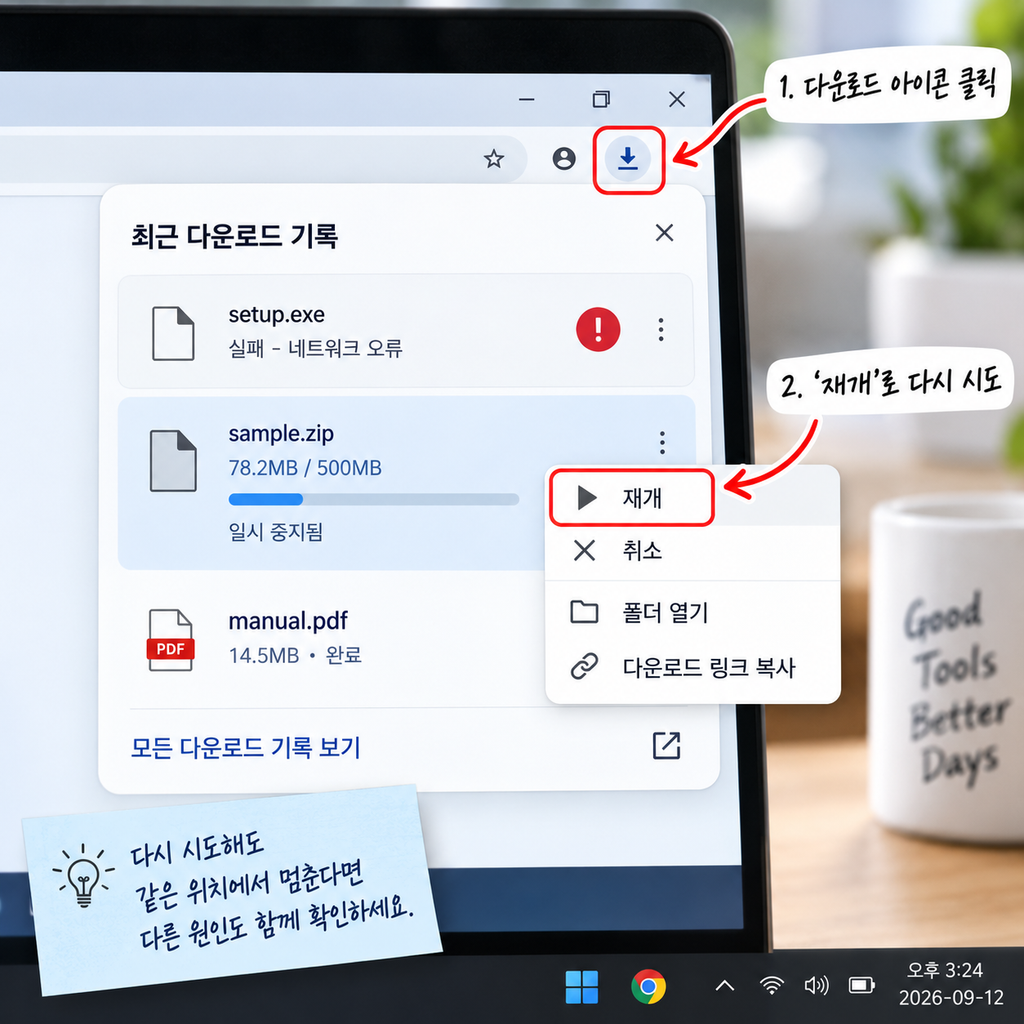 Chrome 다운로드 실패 네트워크 오류 재개 버튼 확인 화면