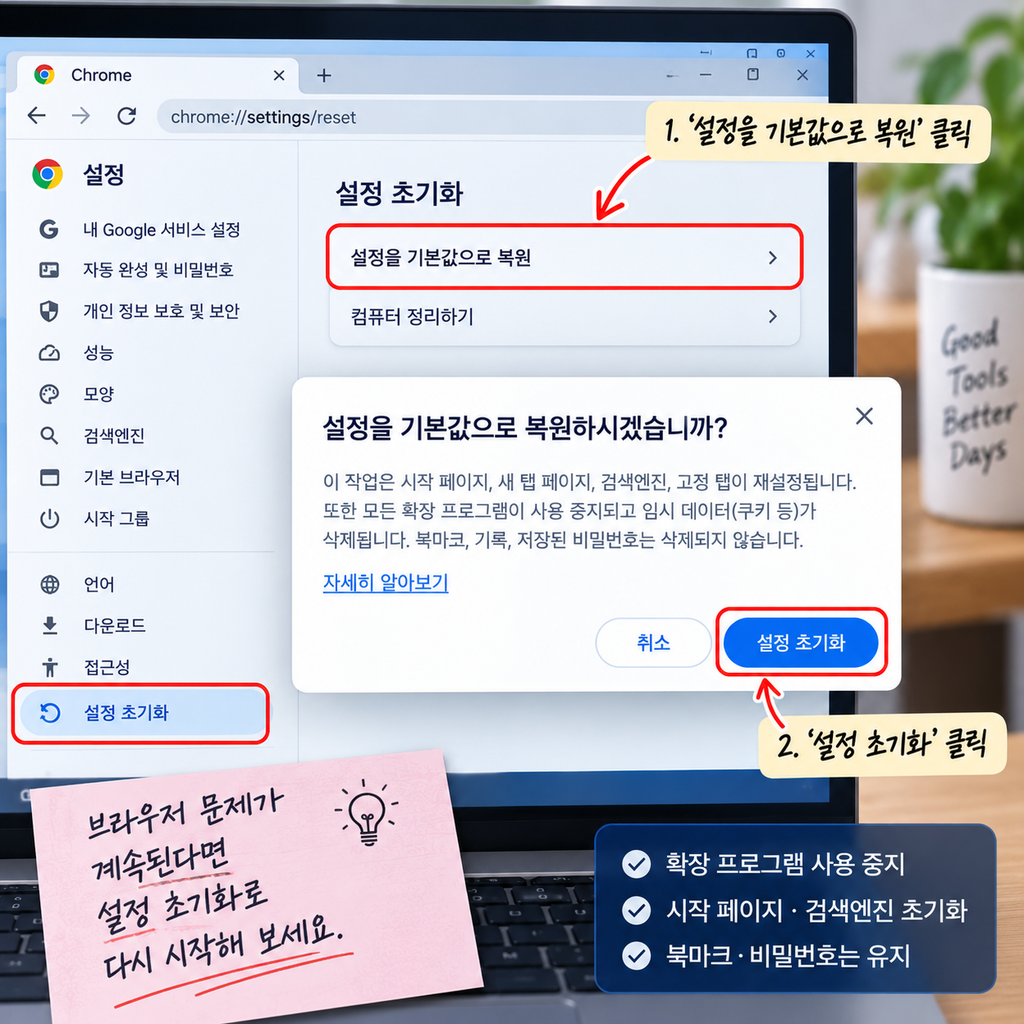 Chrome 다운로드 실패 네트워크 오류 설정 초기화 화면