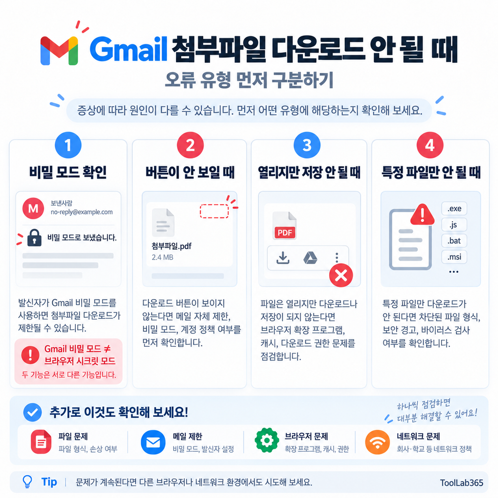 Gmail 첨부파일 다운로드 안 될 때 오류 유형 확인 화면