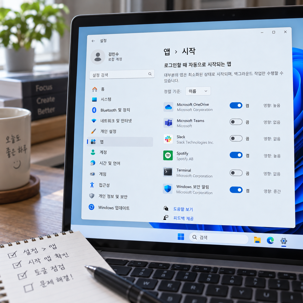 윈도우11 시작프로그램 앱 안 보일 때 설정에서 시작 앱 확인 화면