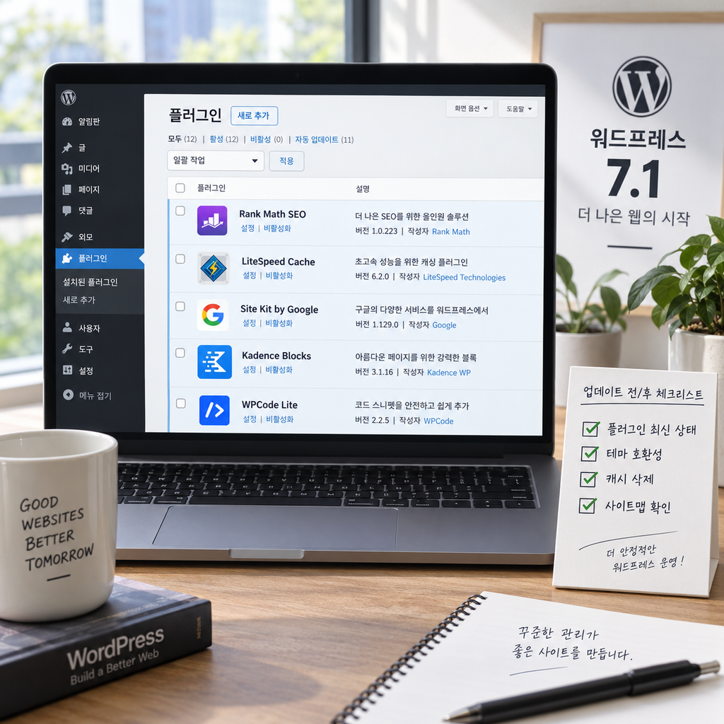 워드프레스 플러그인 목록에서 Rank Math SEO LiteSpeed Cache Site Kit 상태를 확인하는 화면